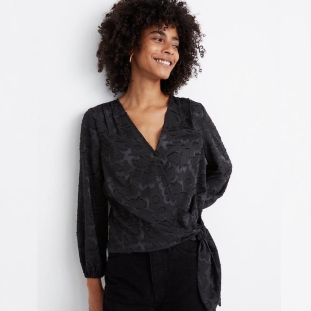 Madewell Long Sleeve Black Blouse with Side Ties. Textured Fabric. Like New!